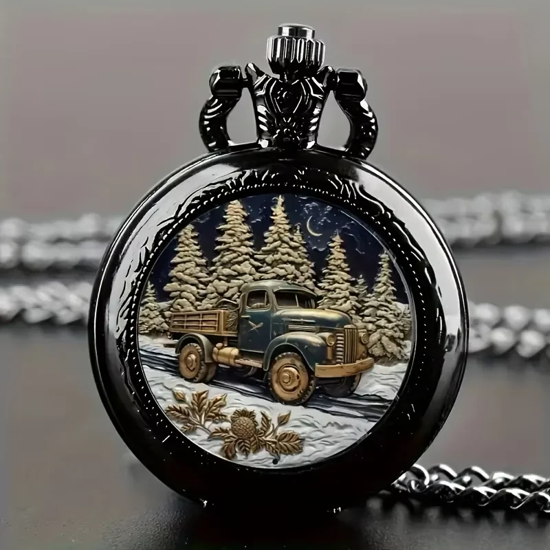New color picture truck flip pocket watch, medium size nostalgic pattern digital quartz watch, gift fashion necklace watch
