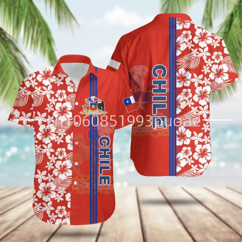 2024 New Chile Hawaii Shirt 3D Print Men\'s Hawaiian Beach Shirt High Quality Button Fashion Short Sleeve Top