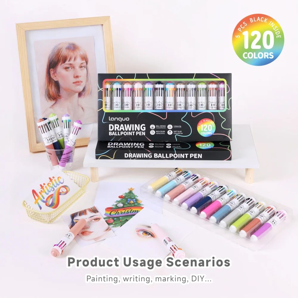 Languo 120Colors Multicolor Ballpoint Pen Set 0.8mm 10-In-1 Colored Pens Fine Point Retractable Ballpoint Pens for Office School