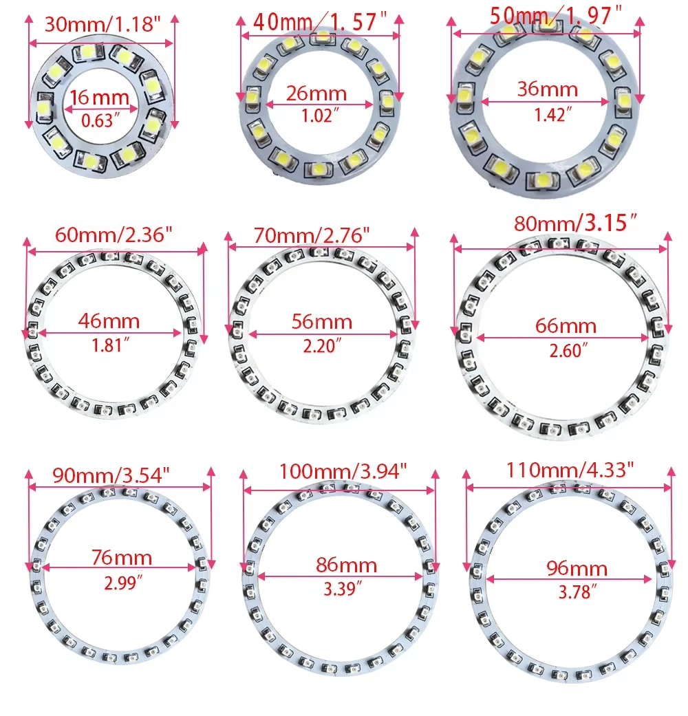 1 قطعة DC12V 30/40/50/60/70/80/90/100/110/120/160 مللي متر 3528 SMD سيارة Led عيون الملاك هالة مصباح مصمم على شكل حلقة سيارة ضوء أبيض أخضر أصفر أزرق