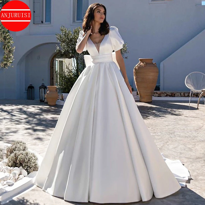 

Short Puff Sleeves Wedding Dresses For Women 2023 Bride Gown Soft Satin Vestidos De Novia Suknia Ślubna Robe Mariage With Pocket