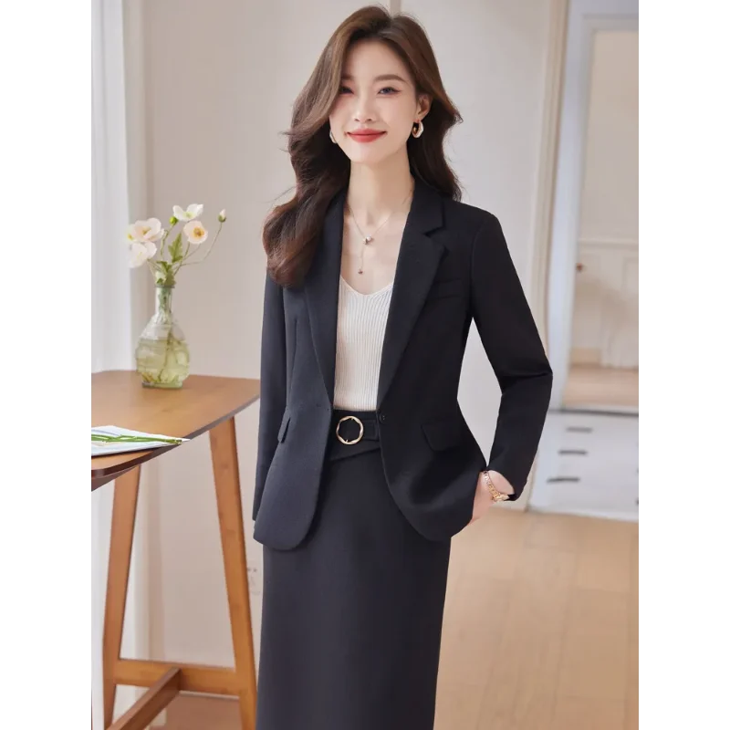 2024Elegant Women Skirt Suit Autumn Winter Black Apricot Pink One Button Business Office Lady Formal Blazer Jacket 2 Pieces Set