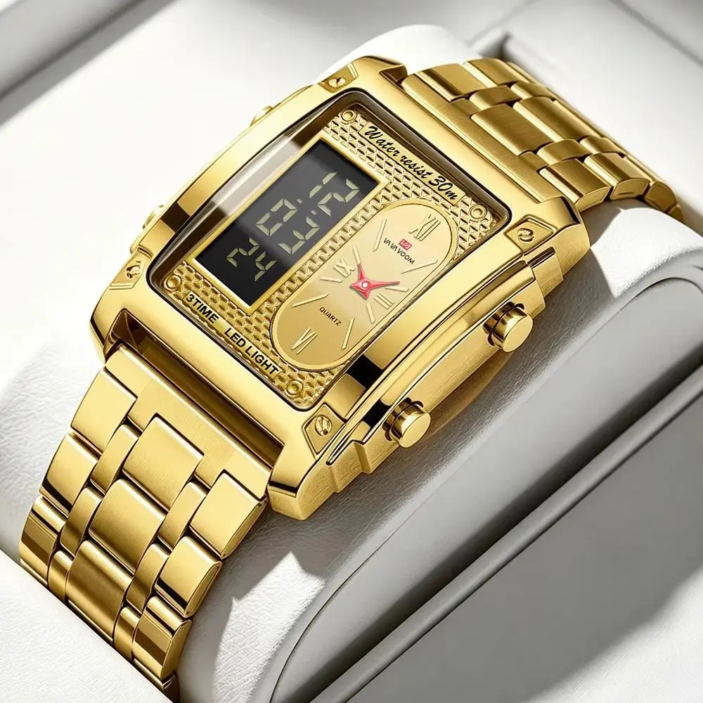 VA VA VOOM Dual Display Watch Men Direction Case LED Stainless Steel Waterproof Quartz Movement Fashion Timing Sports Watch Man