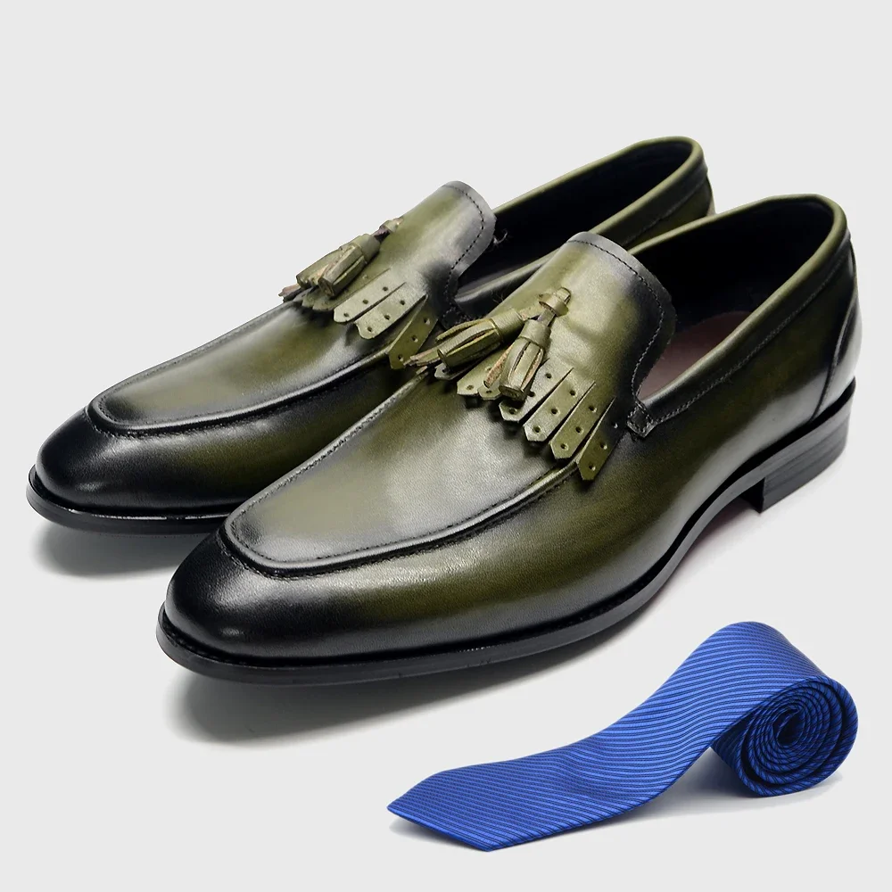 Zapatos de vestir clásicos para hombre, mocasines de piel de vaca auténtica con borlas, sin cordones, informales, para fiesta de negocios, formales, 2024