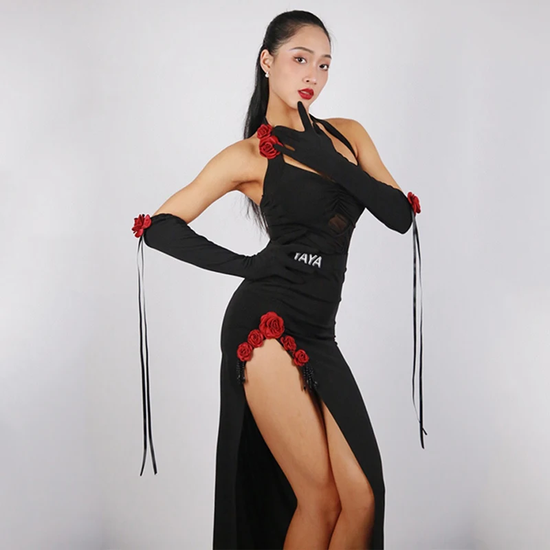 Latin Dance Clothes Women Rose Black Tops Slit Skirt Rumba Salsa Tango Performance Costume Adult Latin Competition Dress NV19043