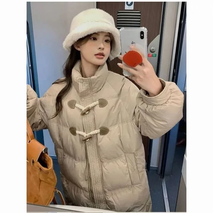 

Women's Thiened Stand Collar down Jaet Winter New Faion Loose Casual Sle Knot Button up Coat Korean Version