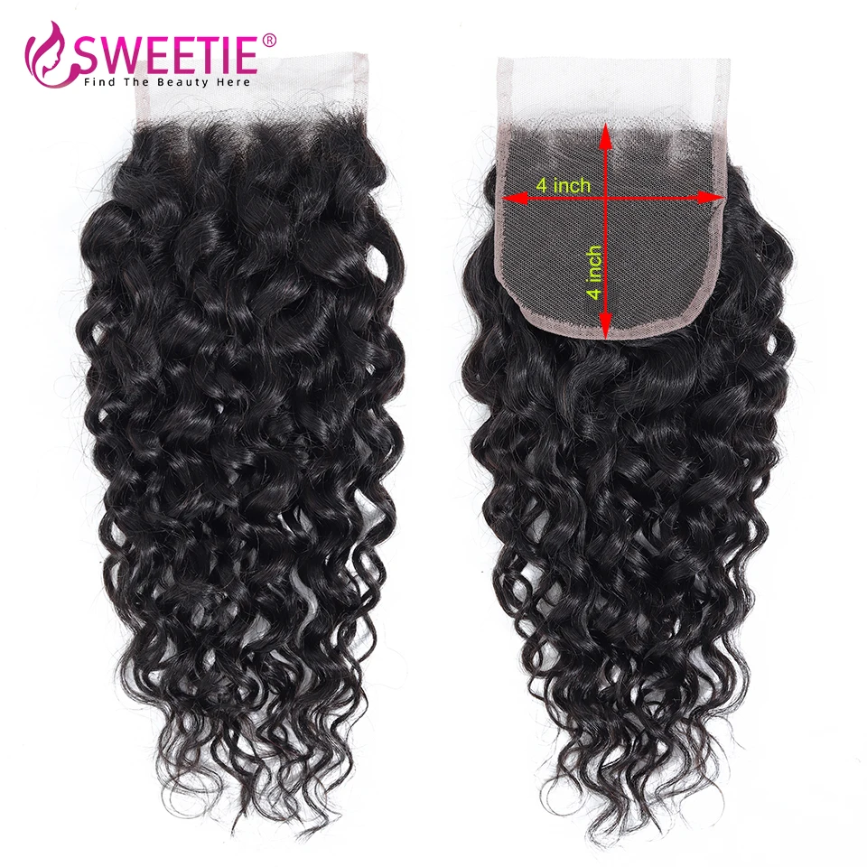 4x4 Water Wave Lace Closure 100% Human Hair Water Wave Closure With Baby Hair Brazilian Remy Human Hair Curly Wave Lace Closure