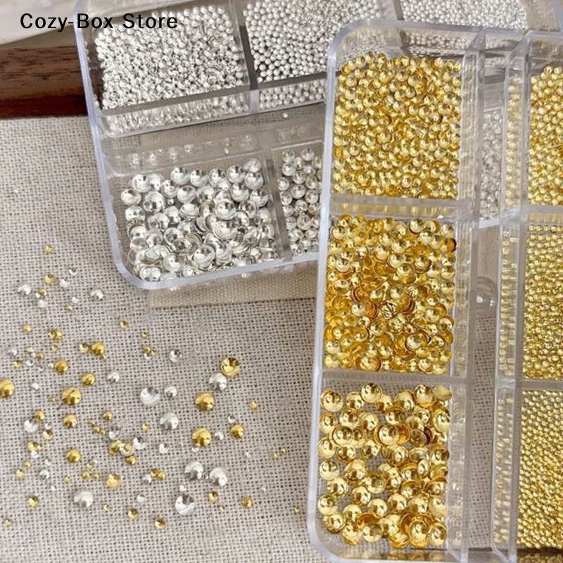[ZY]6 Grid/box Gold Silver Half Round Rivets Nail Charms 0.8-3mm Flat Back Round Metal Nail Bead Micro Ball Manicure Bead[ZY]