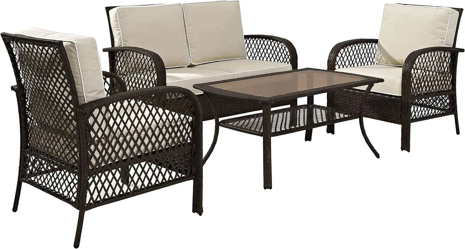 

4-Piece Outdoor Wicker Seating Set (Loveseat, 2 Arm Chairs, Coffee Table), Brown with Sand Cushions