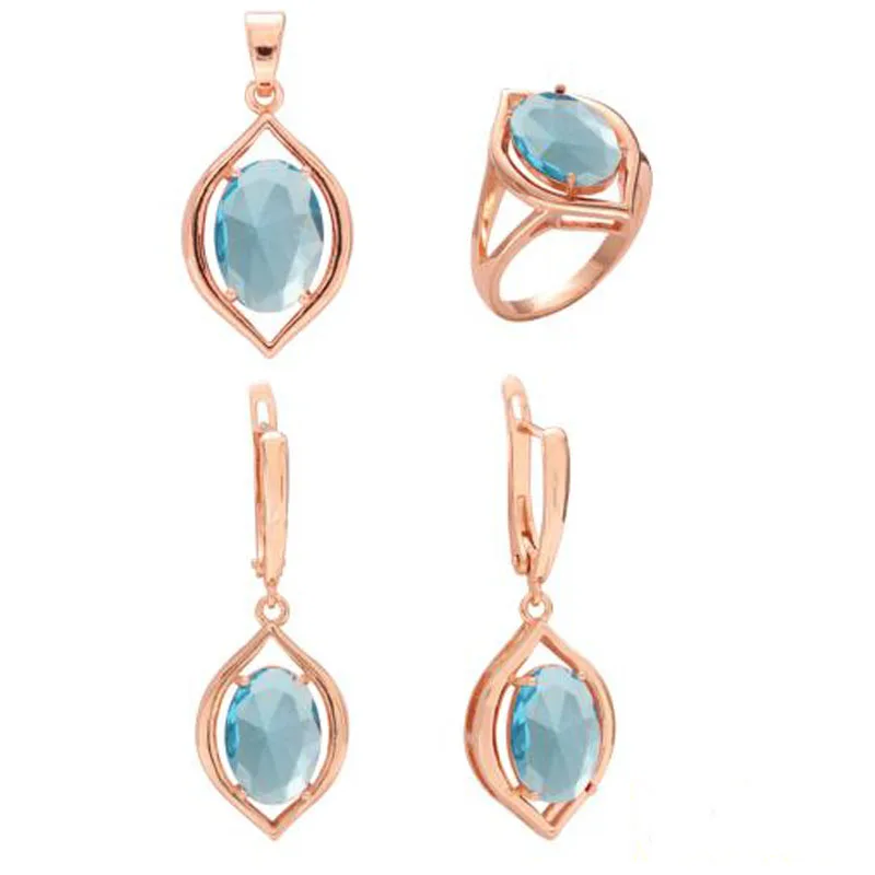 FJ Women 585 Rose Gold Color Blue Cubic Zircon Pendant Earrings Rings Set Jewelry