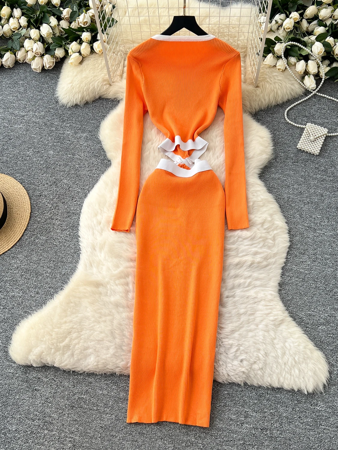 Ele Hollow out Long Sve Knitted Dr Women's High Waist A-Line Skirt Sle Autumn Winter Fitted Waist Bodycon Dr