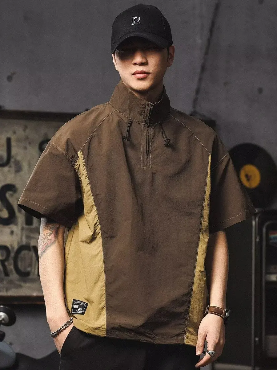Loose Ice Silk Men's Shirt Short Sleeve Summer Thin Outdoor Functional Workwear Jacket Half Zip up Top Breathable Quick Dry