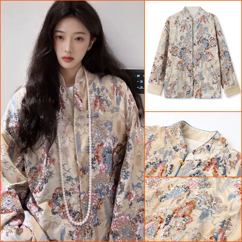 Luxury Jacket Tang Clothes Sequin Embroidery Mandarin Collar Hanfu Costume Womem Warm Velour Qipao Top Spring Festival Gift