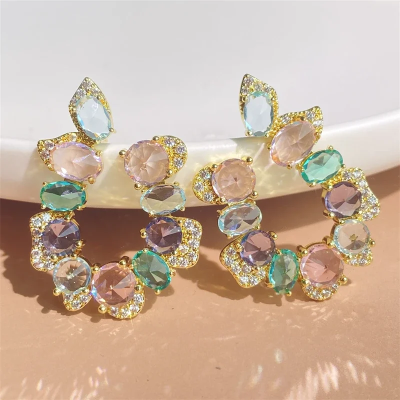 Geometric Colorful Crystal Zircon Circle Earrings for Women Gorgeous Shiny CZ Party Accessories