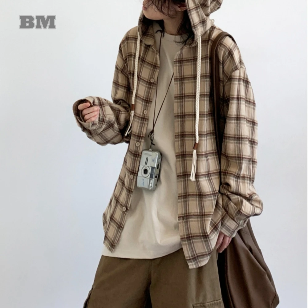 Korean Fashion Plaid Hoodies Mens Clothing Women\'S Sweatshirts Preppy Style Couple Cardigan Hip Hop Cotton Coat Kpop Long Sleeve