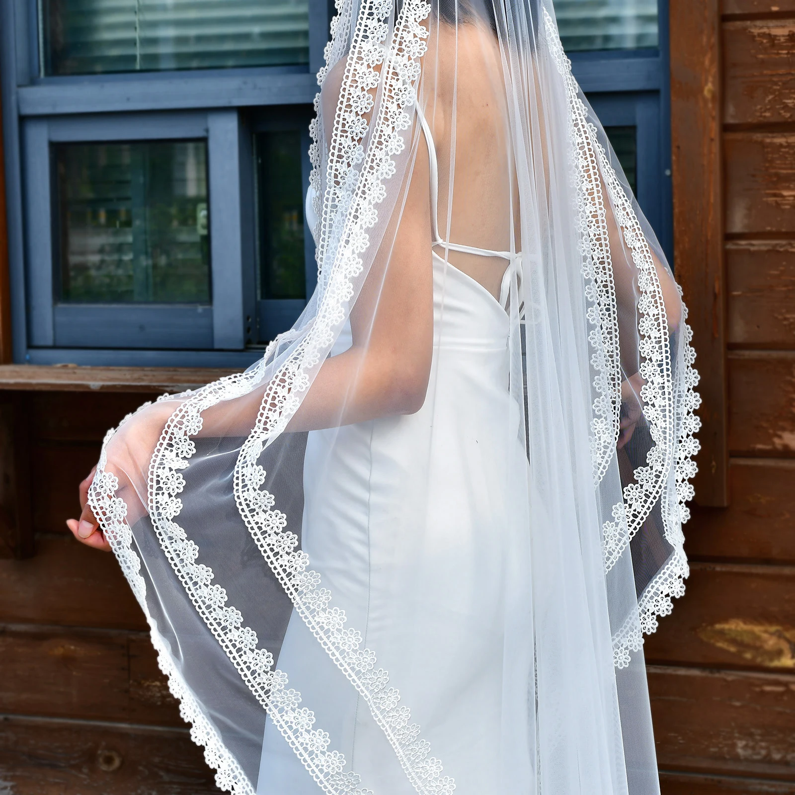 

Single Layer Lace Bridal Veil Fingertip Length Soft Chiffon Wedding Accessories Women Dress Festival Outfit M91