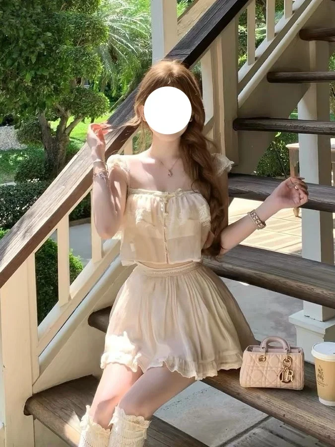 Summer New Pure Desire Spicy Girl Design Short Lace Top High Waist Pleated Half Skirt Women's Fashion Set High Quality Cotton