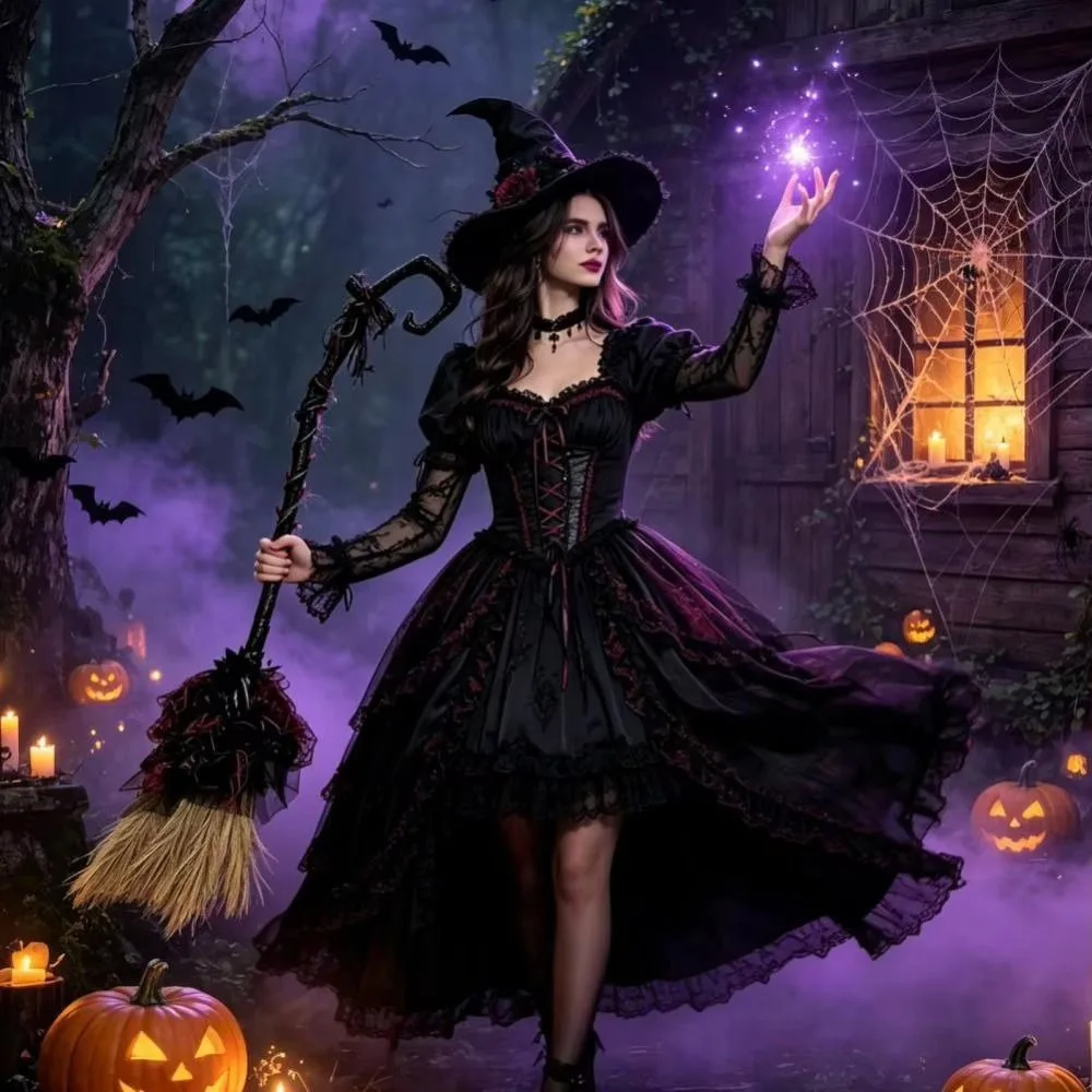 Spooky Gothic Style Witch Broom Red Rose Black Tulle Cosplay Props Handmade Bowknot Plastic Material Magic Wand Home Decor