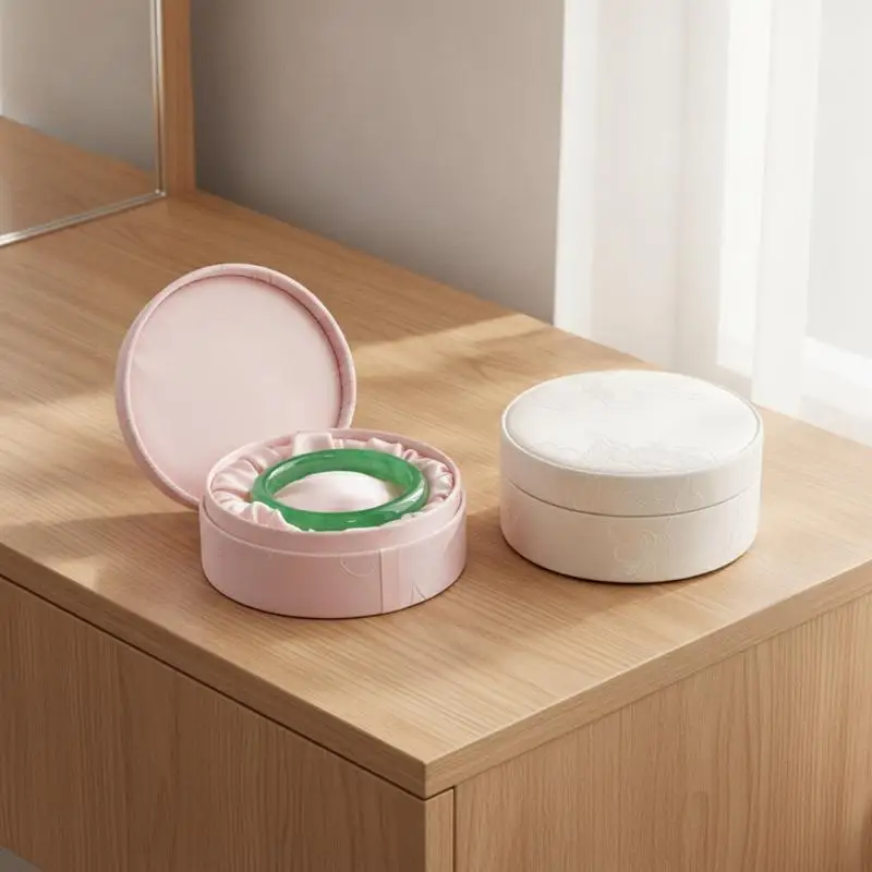 Traditional Chinese Embroidered Brocade Jewelry Box Soft Lined Round Storage Holder for Desktop Trinket Ring Organizer