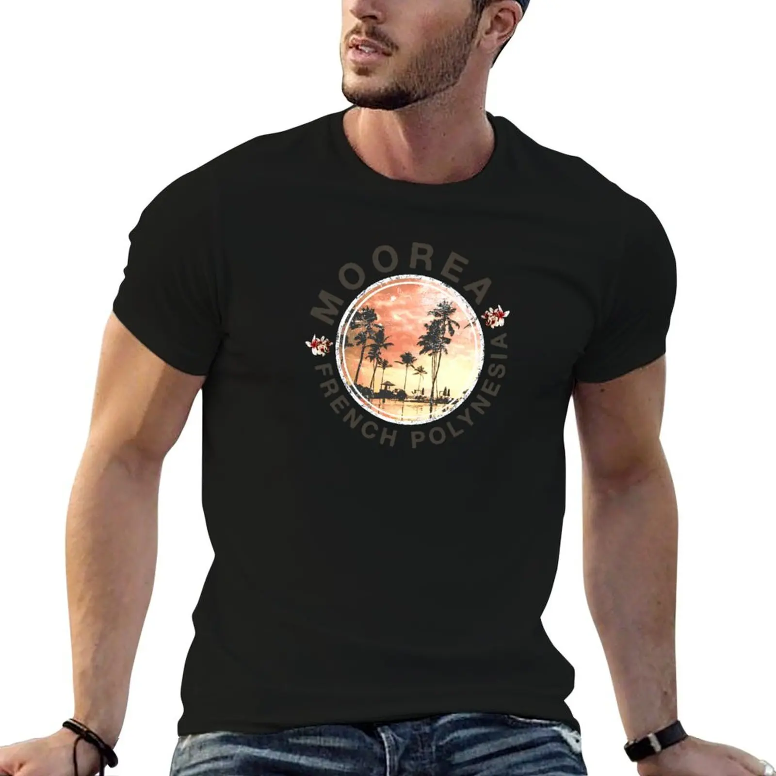 Camiseta retro de Polinesia Francesa con diseño de puesta de sol de Moorea, camisetas para hombre, camiseta personalizada
