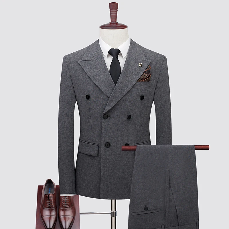 (Jacket + Pant + Vest) New Men Business Social Solid Color Double Breasted Suit 3 Piece Fashion Groom Wedding Tuxedo Dress Set