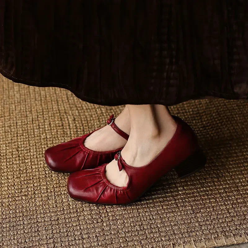 Retro Genuine Leather Mary Jane Shoes Women Square Toe Mid Block Heels Vintage Hand-Rubbed Cowhide Slip-On Shallow Single Shoes