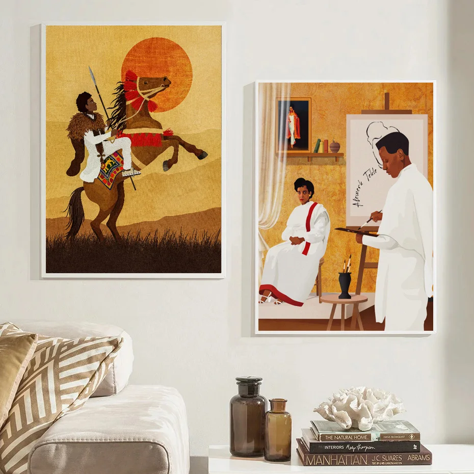 Abstract Ethiopian Horseman African Landscape Trible Woman Poster Wall Art Pictures Canvas Painting Home Room Decor Gift