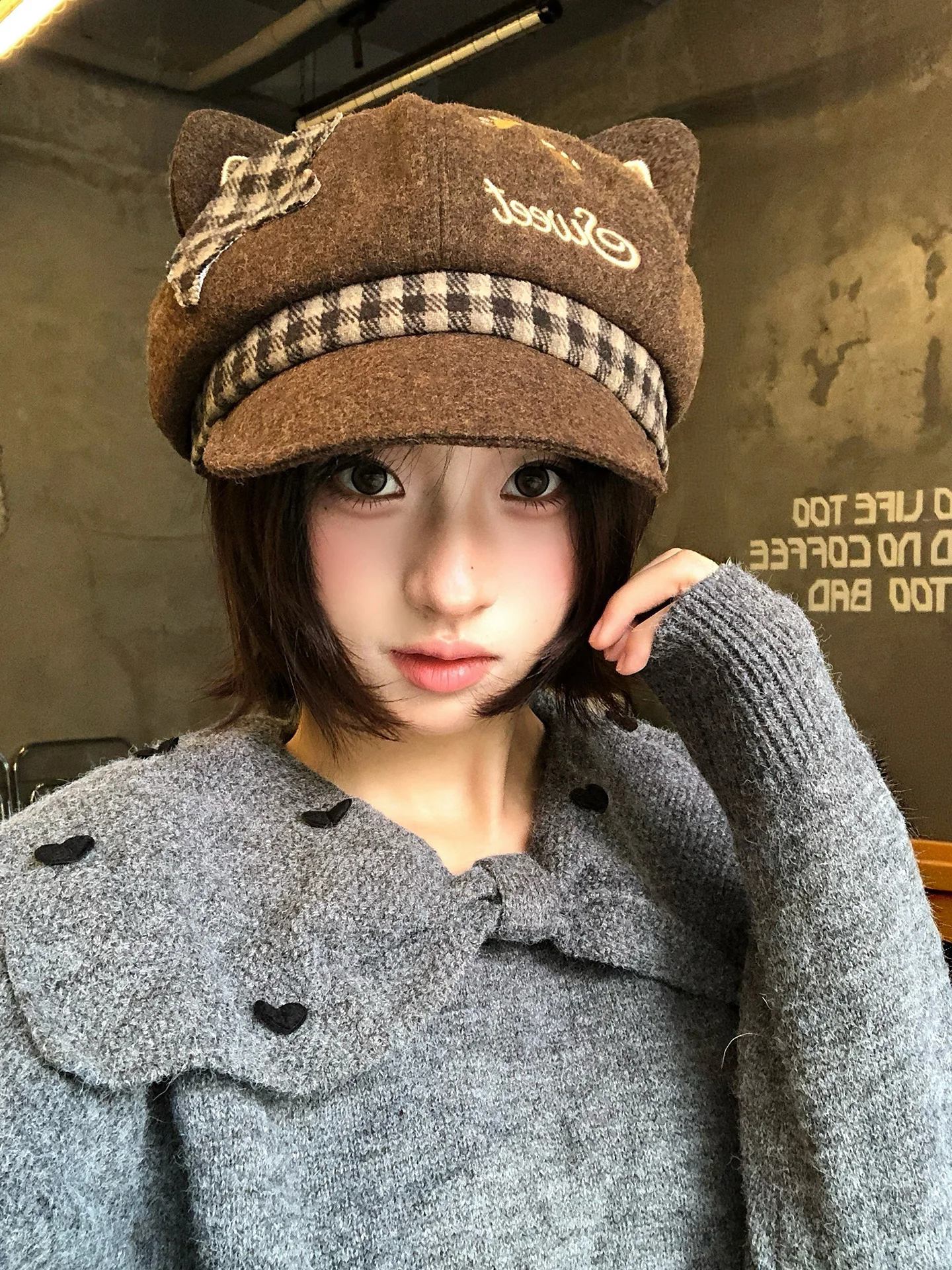 Cute  Ear Star Beret Hat Women's Autumn Winter New Style Personality Design Versatile Octagonal Hat Adjustable round Top