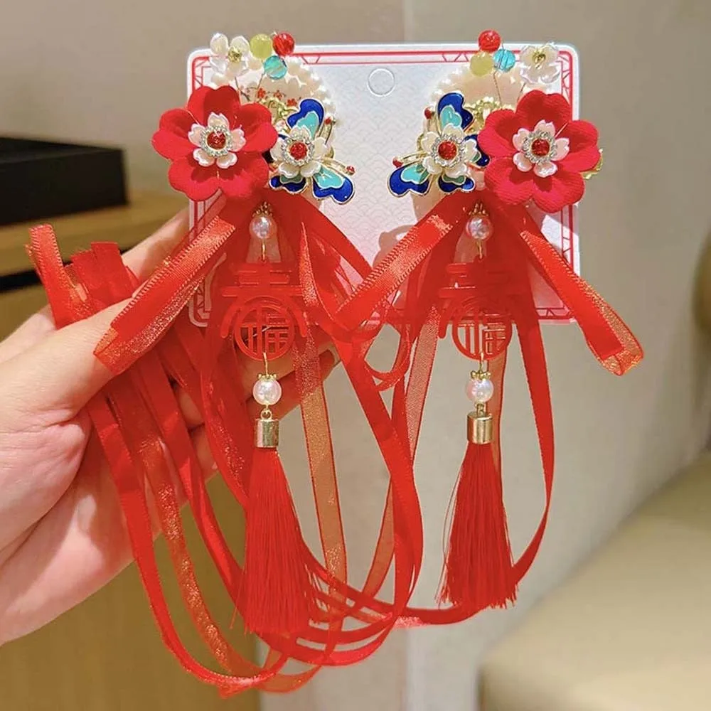 

2pcs Sweet Lion Children's Chinese Hairpin Bow Plush Ball New Year Ribbon Barrettes Tassel Flower Embroidered Bow Headwear Girls