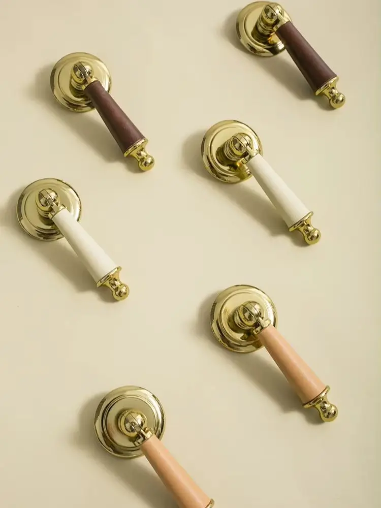Hand-sewn Leather with Brass Cabinet Handles Bright Gold Pendant Shaped Drawer Knobs Light Luxury Cowhide Wardrobe Pulls 1 PC