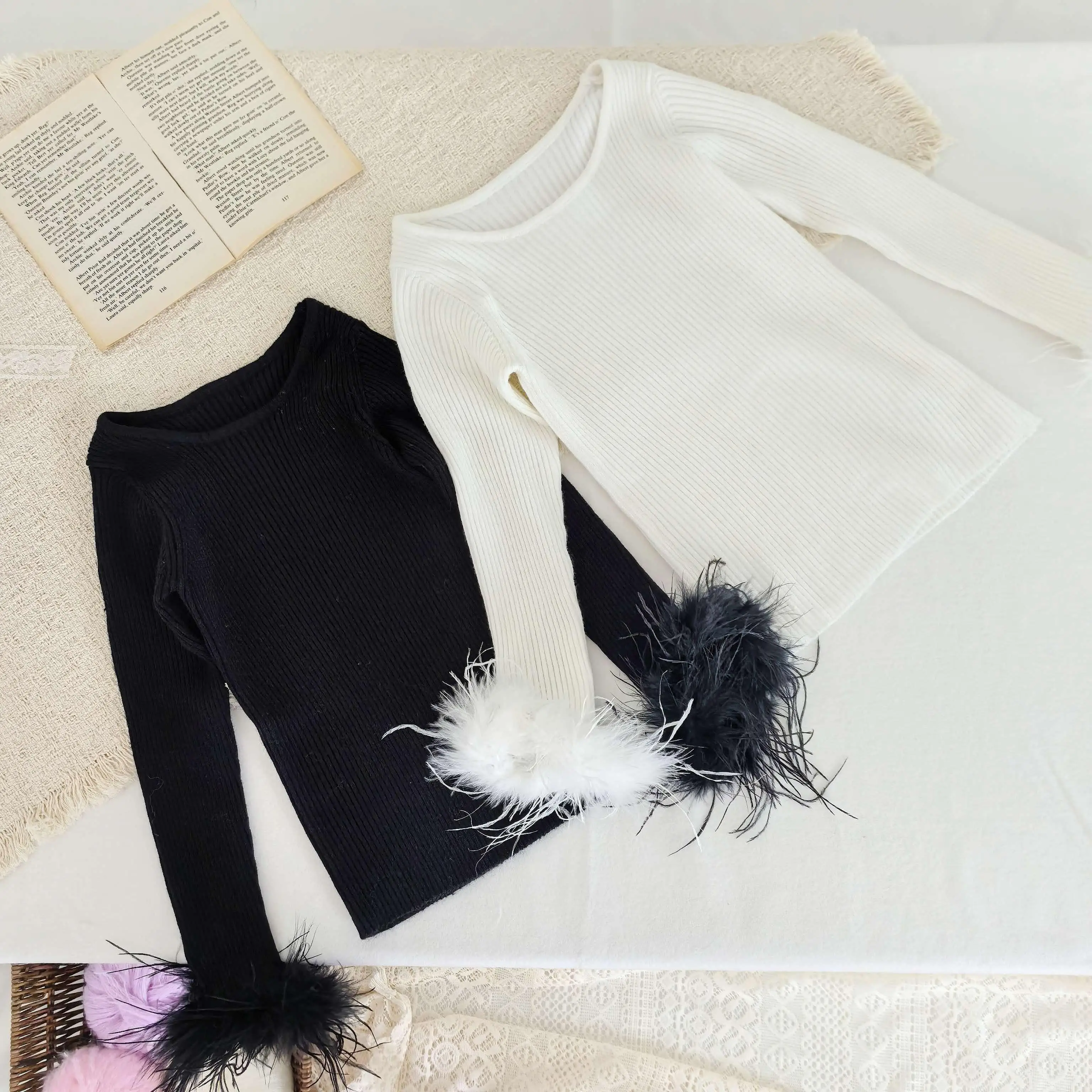 Toddler Baby Girls Ribbed Knit Long Sleeve Top O-Neck Feather Cuff Slim Fit Undershirt Kids Spring Autumn Basic Bottoming Shirt