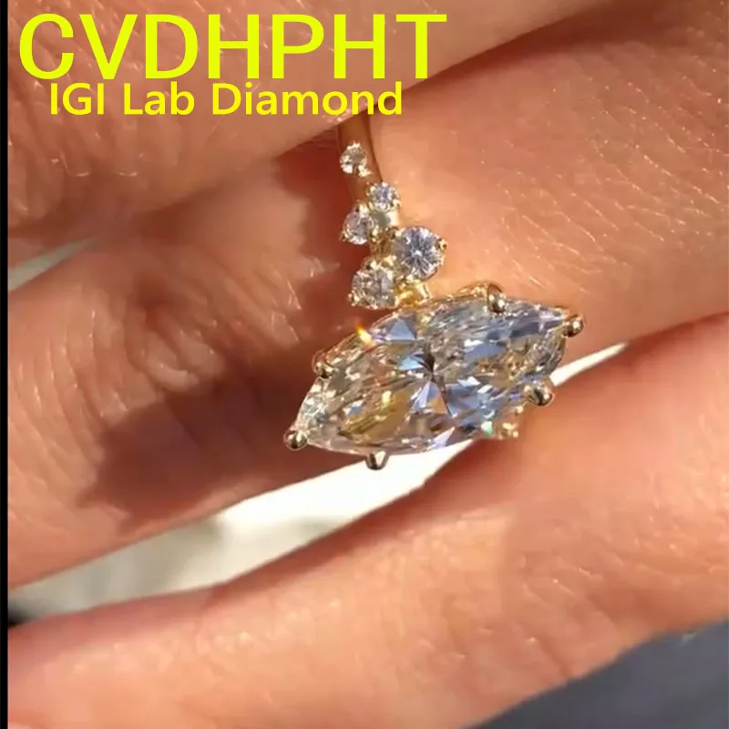 

Роскошное частное индивидуальное индивидуальное настоящее желтое золото 14 карат IGI, выращенное в лаборатории кольцо с бриллиантом в форме маркизы, обручальное кольцо с бриллиантом Factory Eng