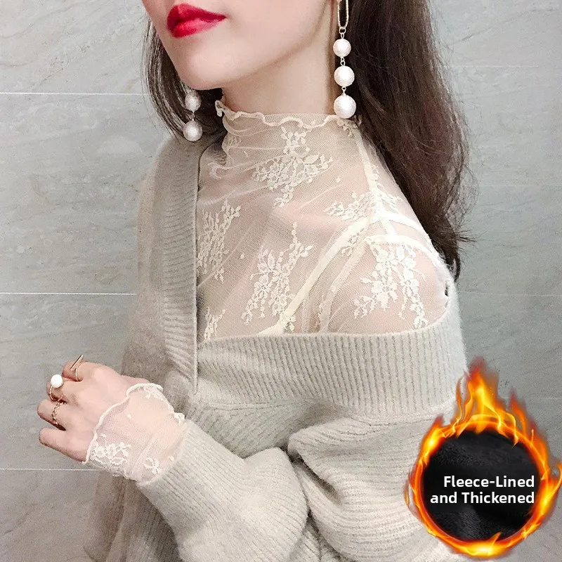 Ruffle Sleeve Lace Blouse Women's Fashion Inner Match Sweater Autumn Winter Sexy Tulle Fleece Thickened High Collar Top