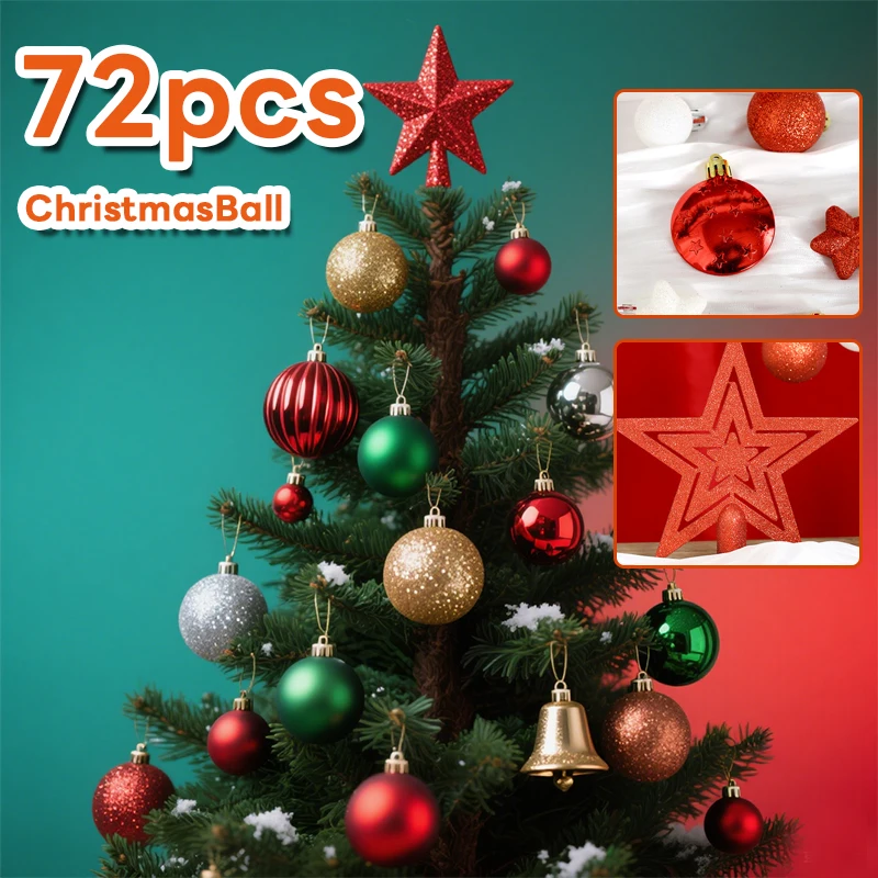 72pcsChristmas Ball Ornaments Special Shape Sequin Christmas Tree Party Decoration Christmas Spheres Pendant  Tree Top Star 2026