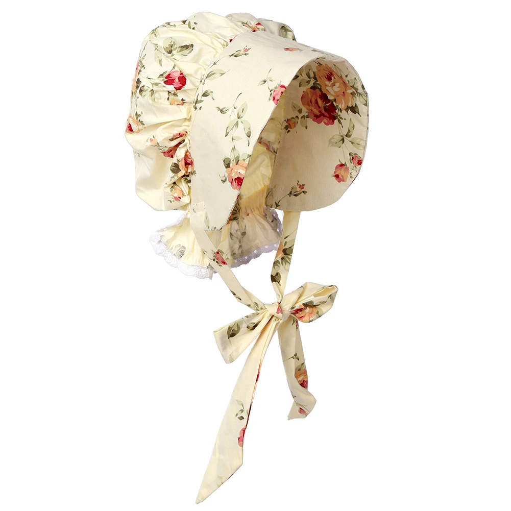 Vintage Colonial Bonnet Hat Girls Kids Pilgrim Pioneer Floral Cap Costume Headdress