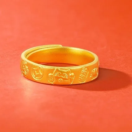 

AU750 new pure gold 999 fortune ring auspicious gold auspicious eight treasures open ring 24K womens jewelry