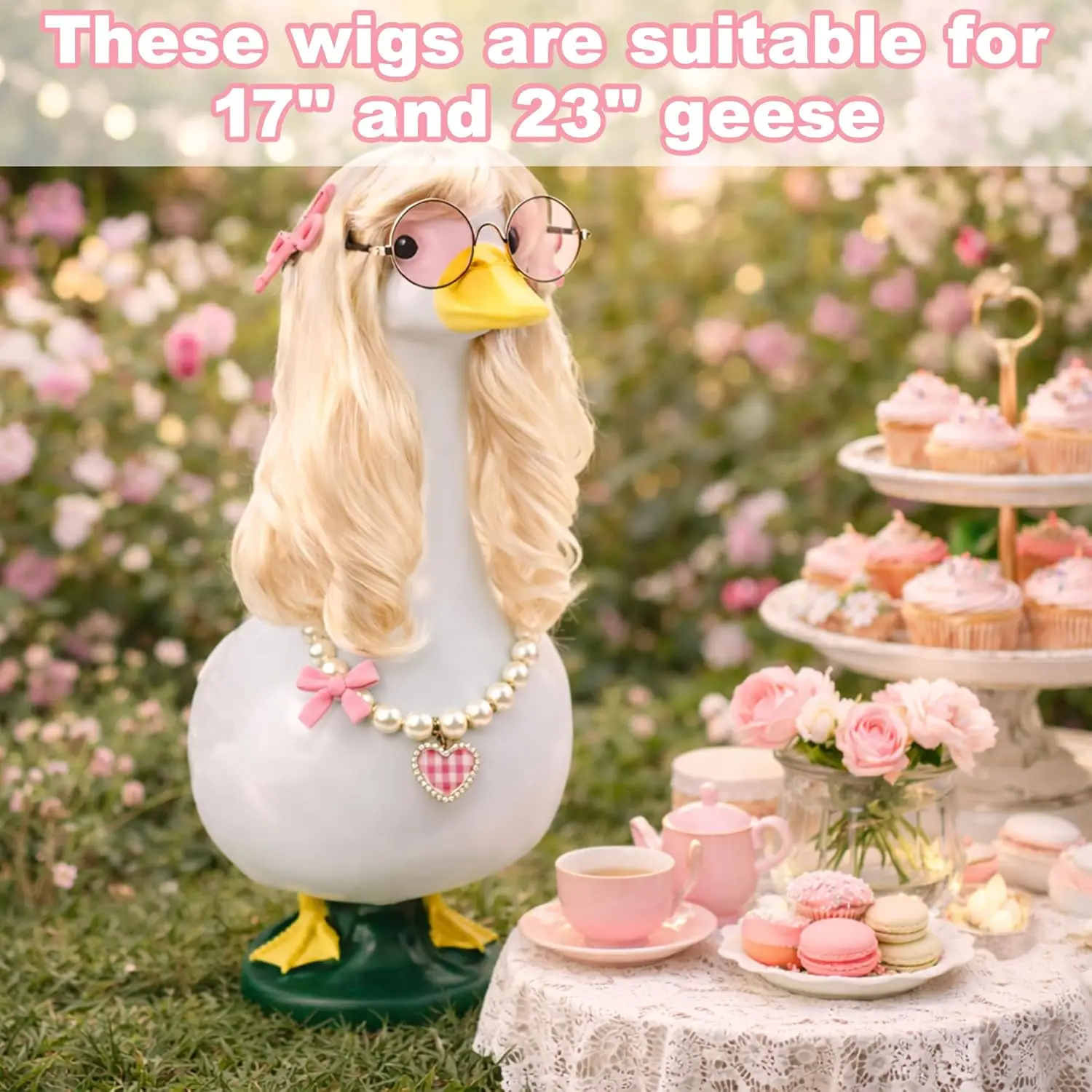 Cute Sweet Goose Statue Accessory Kit, Blonde Wig with Heart Pearl Necklace And Sunglasses And Hair Clips, for 23' Lawn Goose, Yard Art Decoration view 4