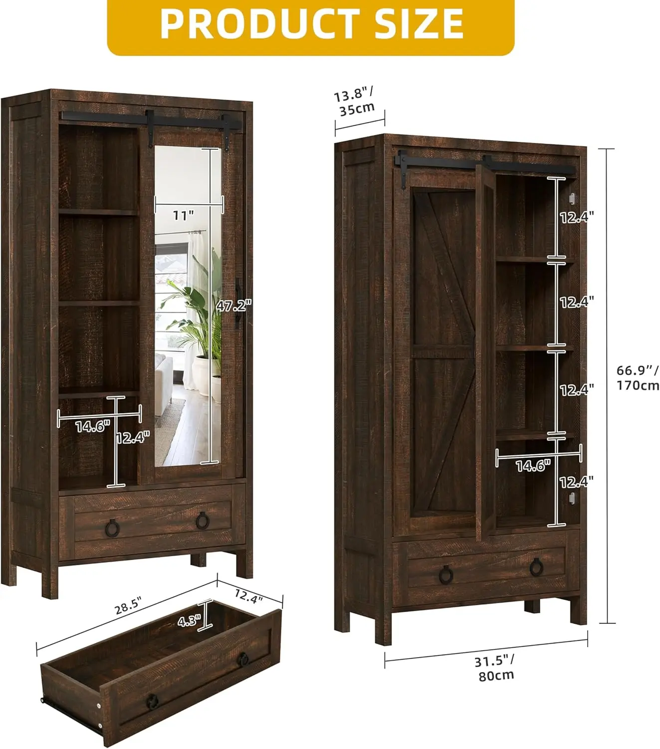 Tall Storage Cabinet with Full Length Mirror, Farmhouse Bathroom Cabinets with Doors and Drawers