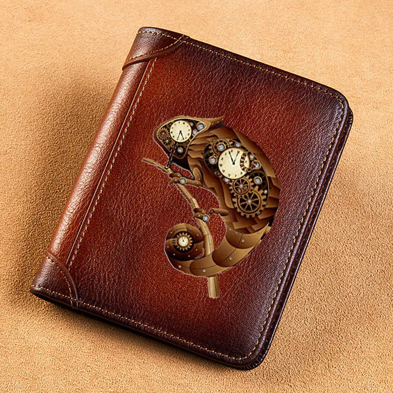 High Quality Genuine Leather Men Wallets Vintage Steampunk Chameleon Design Short Card Holder Purse Trifold Men\'s Wallet BK3846