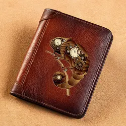 High Quality Genuine Leather Men Wallets Vintage Steampunk Chameleon Design Short Card Holder Purse Trifold Men's Wallet BK3846