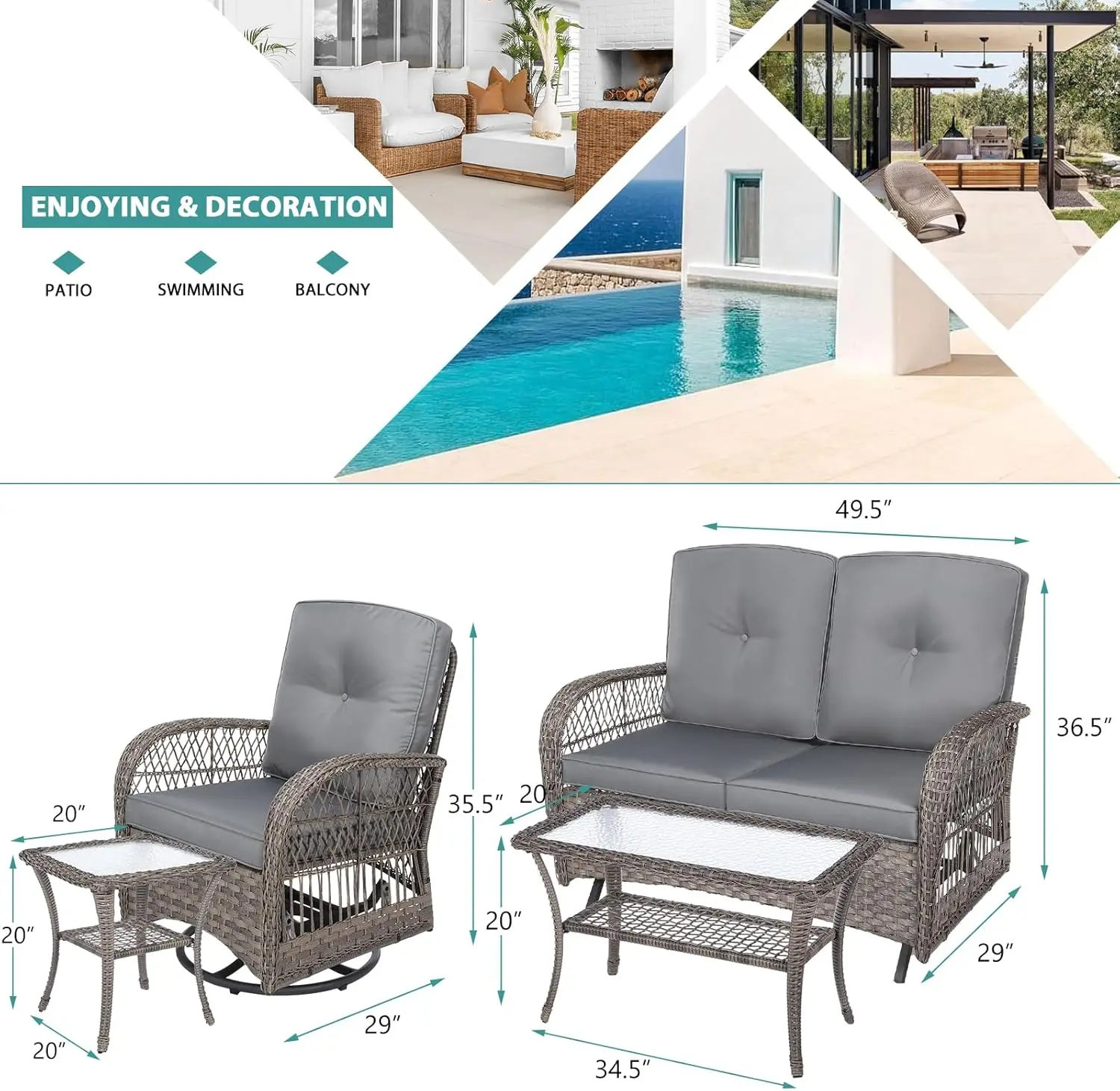 

5 Pieces Outdoor Patio Rattan Furniture Sets, All Weather Patio Wicker Conversation Set - 2 Rocking Swivel Chairs