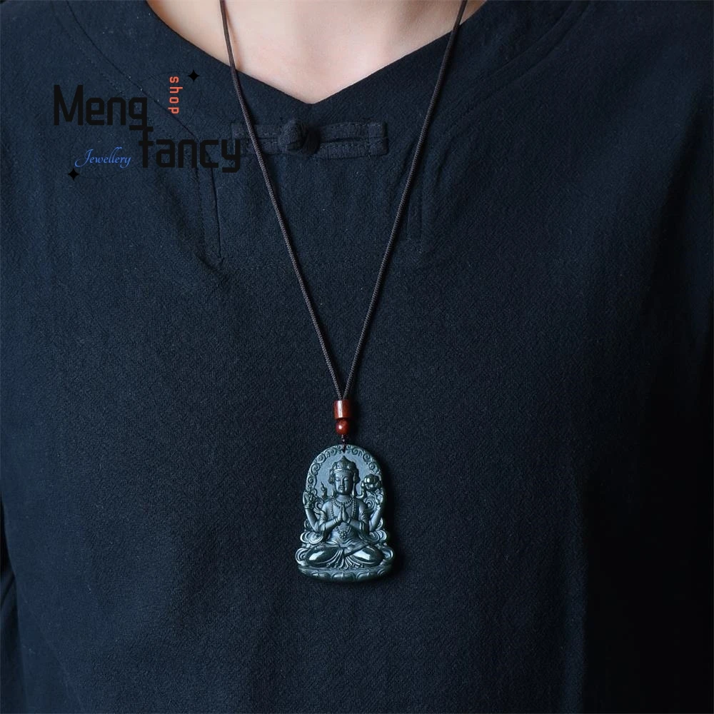 Natural Hetian Green Jade Double-sided engraving Lotus Flower Goddess of Mercy Pendant Fashion Jewelry Handicraft Holiday Gift