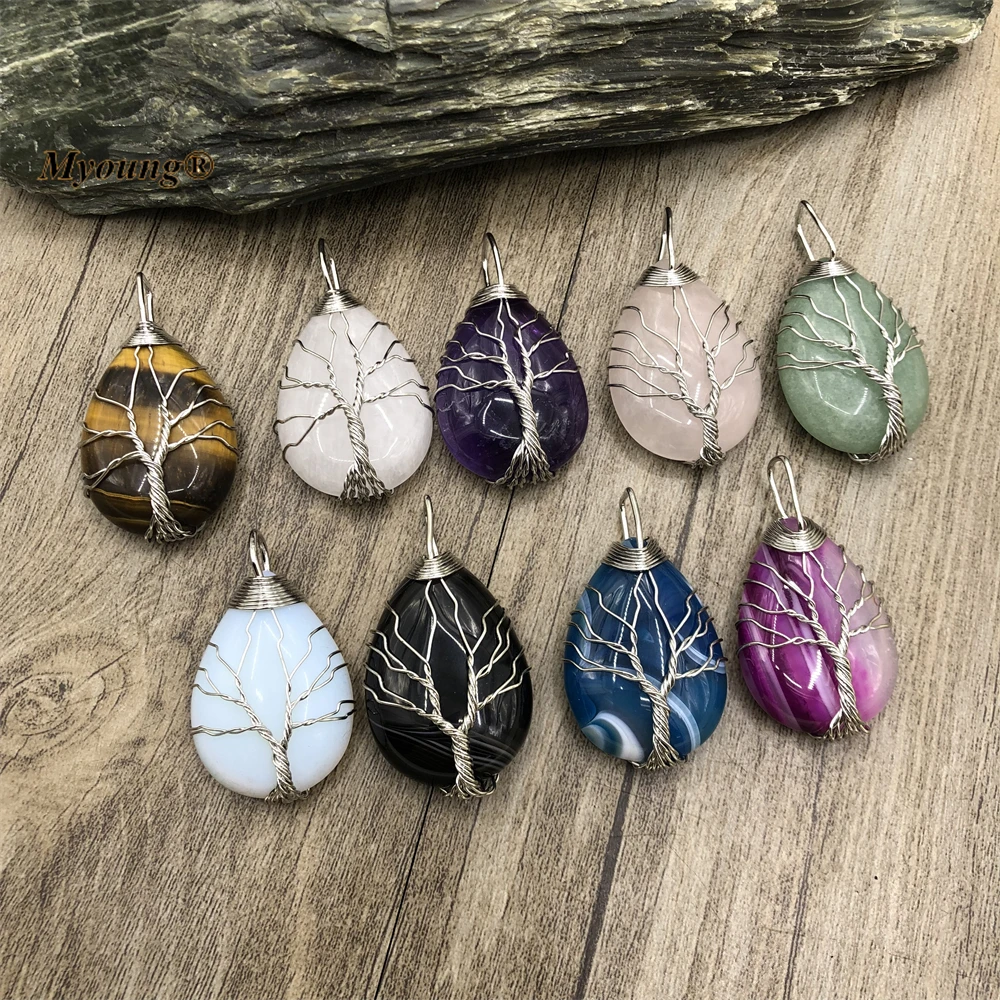 Tree Of Life Waterdrop Shape Natural Gems Tiger Eye Stone Aventurine Rose Crystal Quartz Pendants MY220860