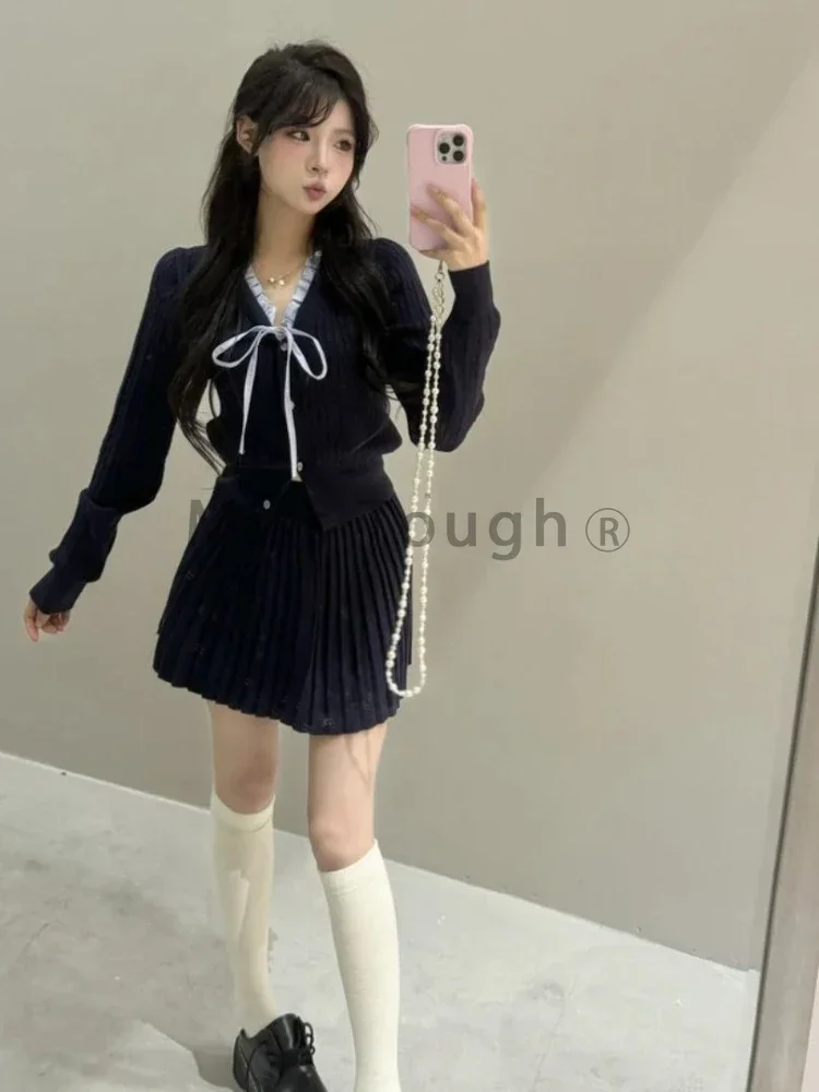 Vintage High Street V-neck 2-piece Set Women Korean Fashion Long Sleeve Knit Bow Pullover Female + Thin Solid Short Skirt Suit