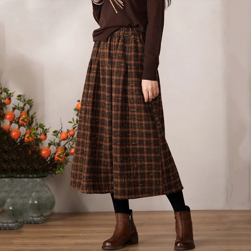 Lucyever Vintage Plaid Thicken Winter Skirts for Women 2023 Autumn High Waisted Long Woolen Skirt Women Elegant A-Line Skirts