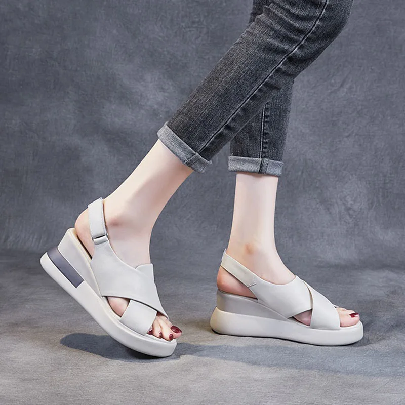 DRKANOL 2024 Women Genuine Leather Wedges Sandals Summer Platform High Heel Cross Peep Toe Sandals Concise Casual Shoes H2129Z