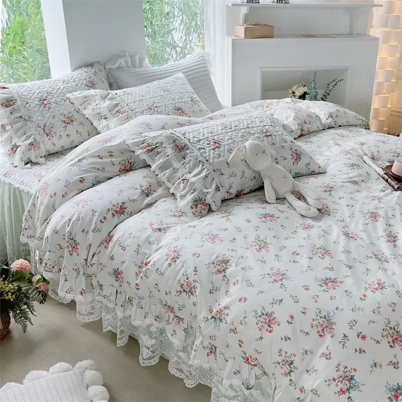 Chic Duvet Cover Set Cotton King Size Double Bed Print Floral Princess 4pcs Bedding Set Ruffle Skirted Bedspread 2 Pillowcases