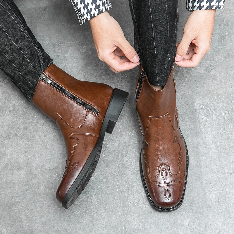 British Trend Men's Chelsea Boots Genuine Leather Designer Cowboy Boots Handmade Comfortable Western Quality Ankle Outdoor Shoes