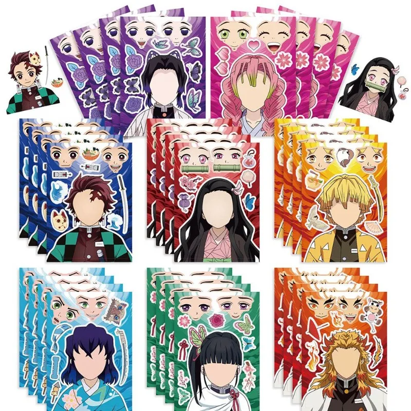 8Pcs No Repeat Demon Slayer Cute Cartoon Puzzle Stickers Anime Characters Educational Face-changing DIY Craft Collage Stickers