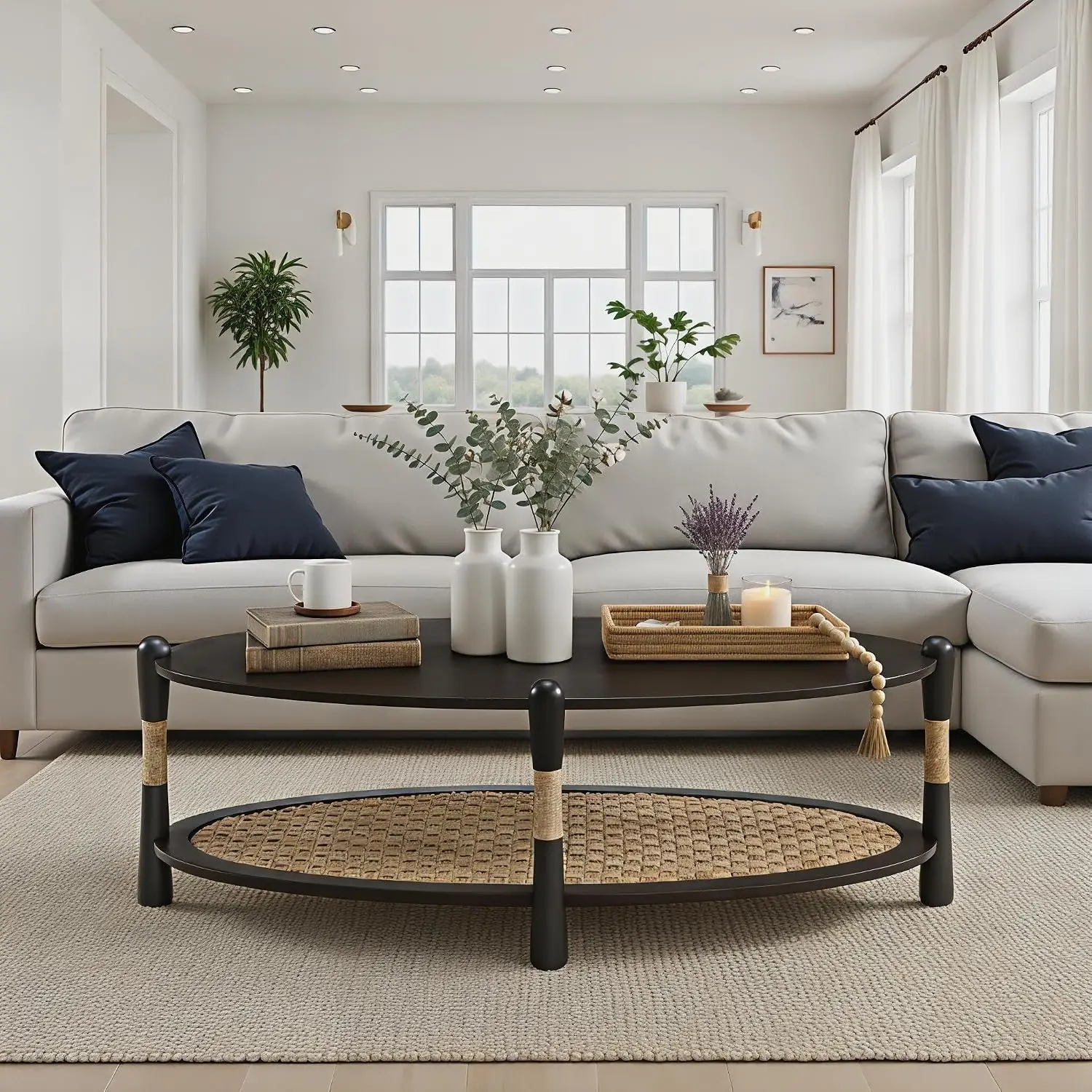 Oval Oak Wood Coffee Table, Black Smoked Finish, Living Room, 46 Inch, Customized